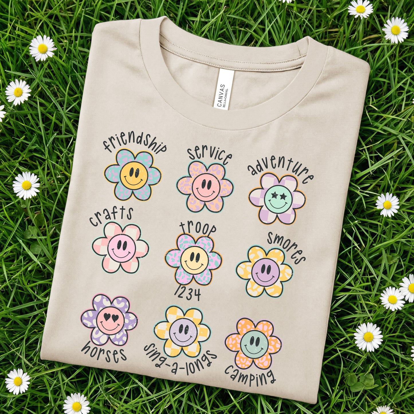 Pastel Retro Flower Smile Adjective Scout Troop DTF Print