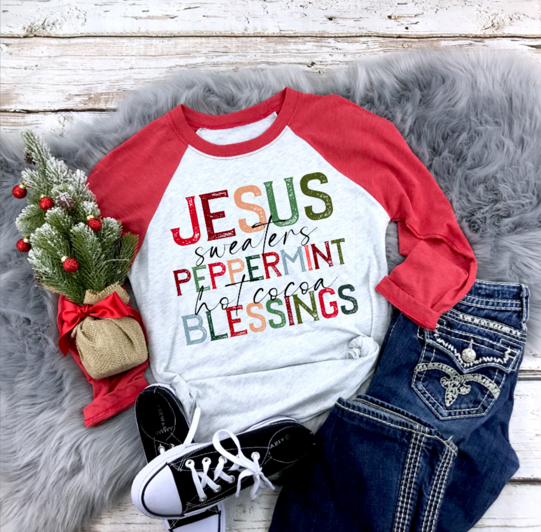 Jesus Sweaters Peppermint Hot Cocoa Blessings Raglan