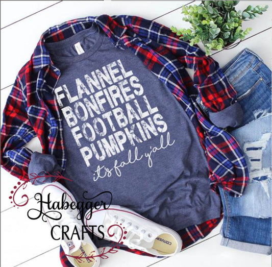 Flannel Bonfires Football Pumpkins It&#39;s Fall Ya&#39;ll Shirt