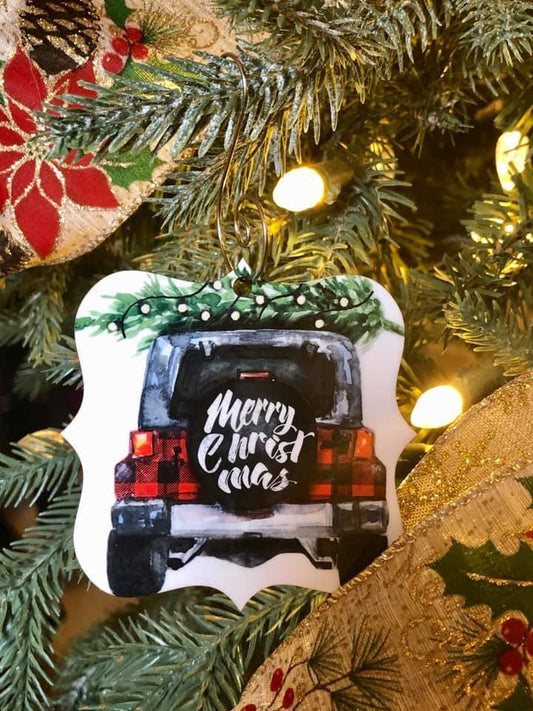 Merry Christmas Jeep ornament / red buffalo plaid ornament / ceramic ornament / Christmas ornament / Christmas decor