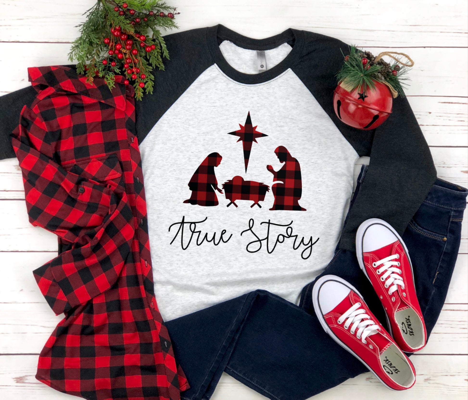 True Story Nativity Raglan Shirt / Nativity Shirt / True Story Christmas Shirt / Holiday Shirt / Christmas Raglan