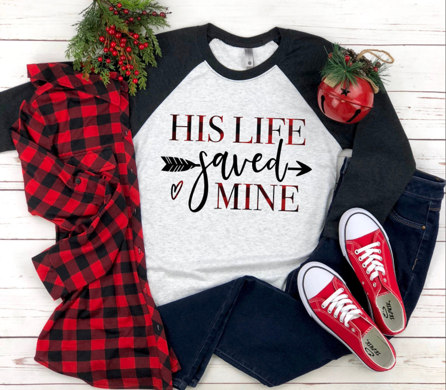 His Life Saved Mine Raglan Shirt / Christian Raglan Shirt / Buffalo Plaid Raglan Shirt