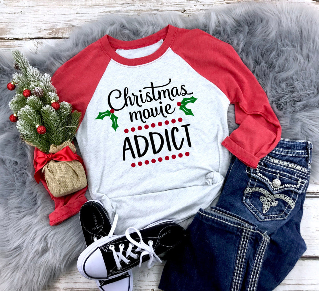 Christmas Movie Addict Raglan Shirt / Christmas Movie Shirt / Christmas Shirt / Christmas Raglan