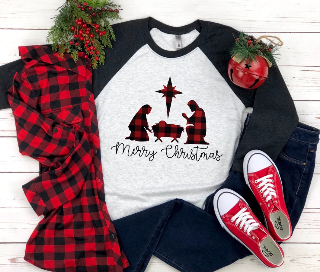 Merry Christmas Nativity Raglan Shirt / Nativity Shirt / Merry Christmas Shirt / Holiday Shirt / Nativity Raglan / Merry Christmas Raglan