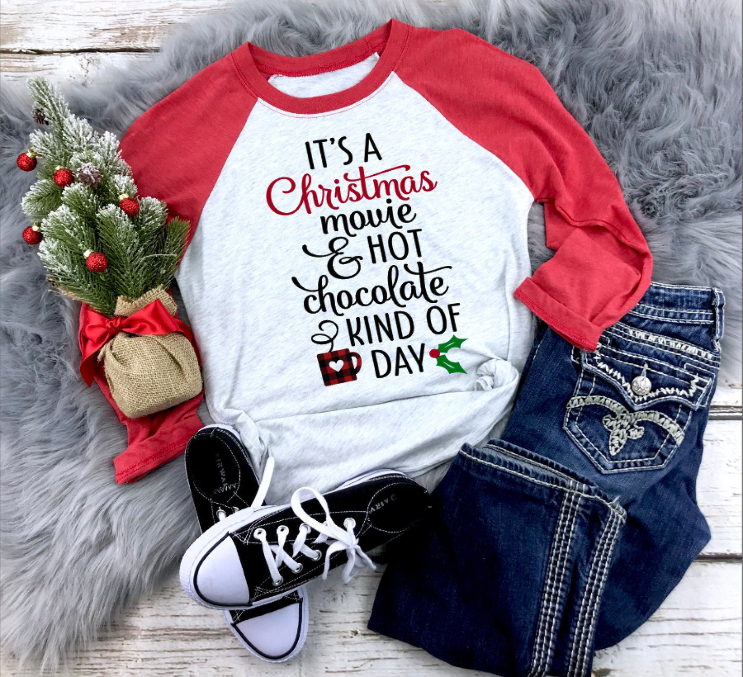 It&#39;s A Christmas Movie and Hot Chocolate Kind Of Day Raglan Shirt / Christmas Movie Shirt / Hot Chocolate Christmas Shirt / Christmas Raglan