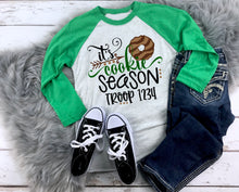 Load image into Gallery viewer, It&#39;s Cookie Season Raglan Shirt / Scout Cookie Raglan Shirt / It&#39;s Cookie Season Shirt / Scout Troop Cookie Shirt / Scout Shirt
