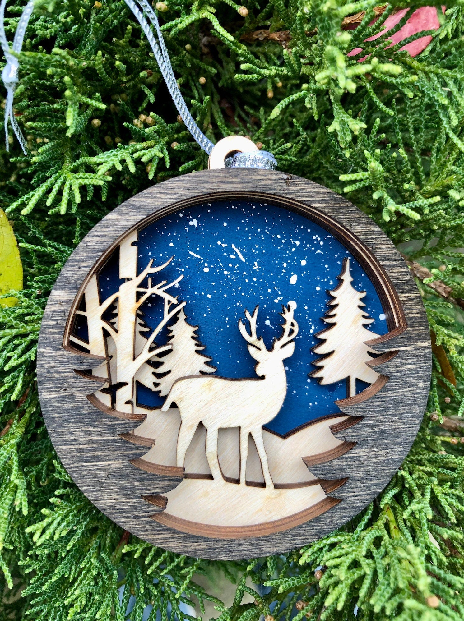 Laser Cut Wood Layered Ornament - Reindeer and Woodland Scene